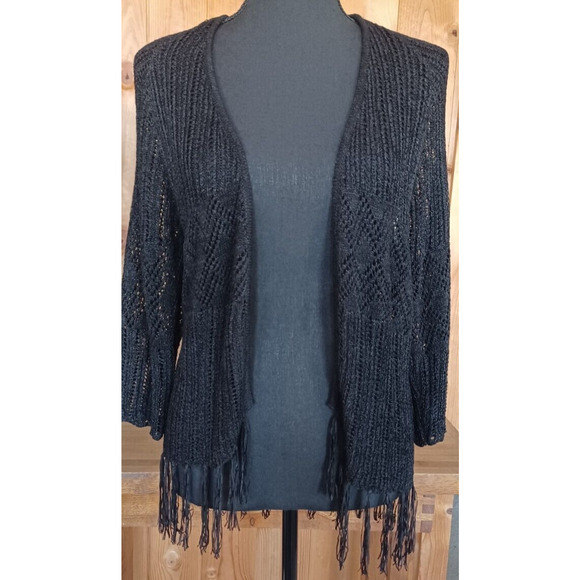 XXI Women's Small, Black Crochet Sweater, Open Knit with Tassels Cardigan Sheer - Picture 2 of 5